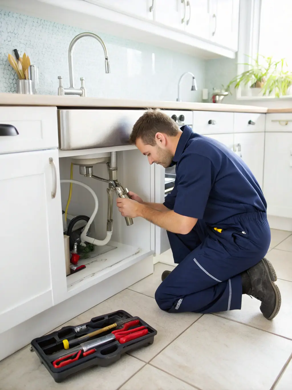 A medium shot of Bilir Talent One maintenance staff performing routine checks on plumbing systems in a high-rise apartment, demonstrating their commitment to preventive maintenance.