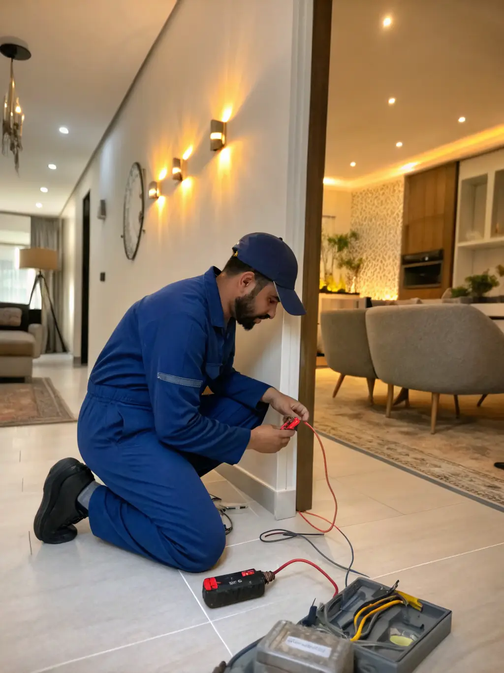 A close-up shot of a Bilir Talent One electrician carefully wiring electrical panels in a residential complex, highlighting their attention to detail and safety in electrical services.