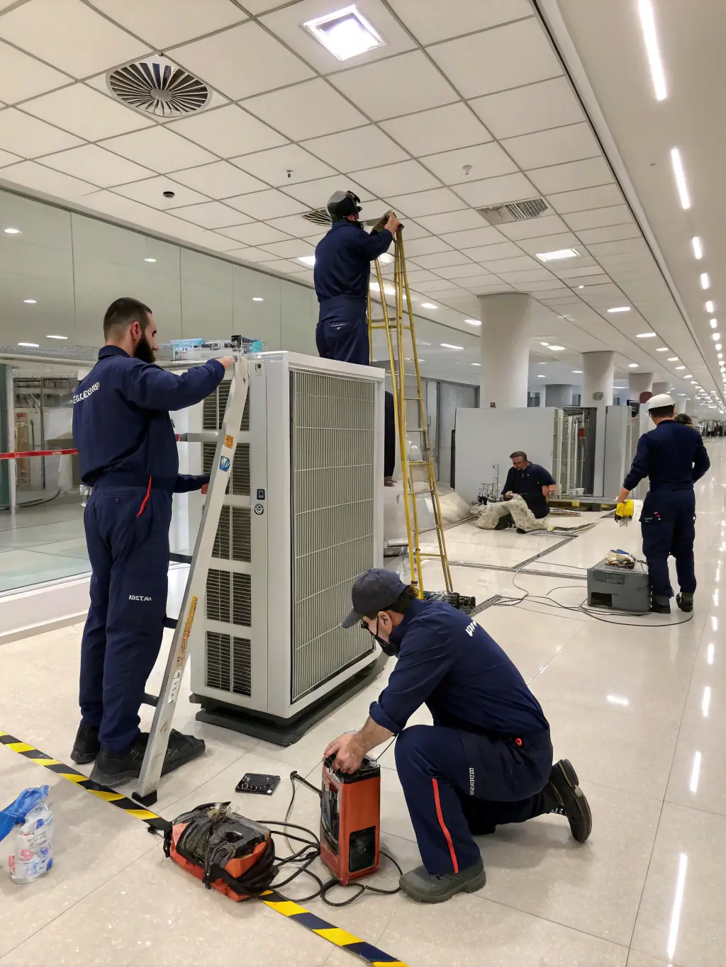 A high-angle, medium shot of a team of Bilir Talent One technicians installing complex HVAC systems in a modern commercial building, showcasing their expertise in mechanical services.